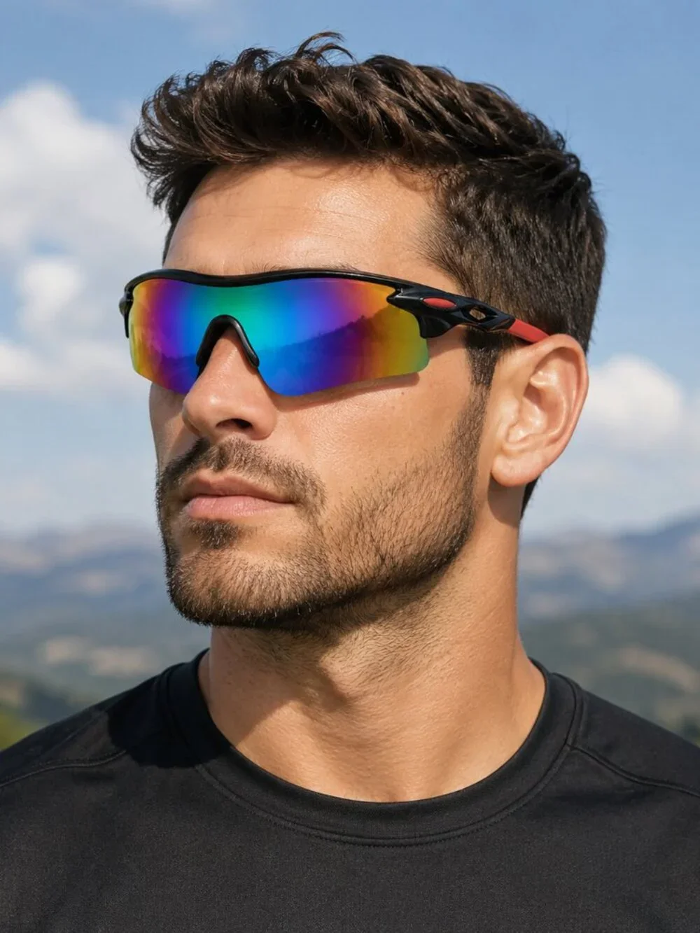 Men's Rainbow Mirror Wraparound Sport Sunglasses – Black & Red Shield Cycling
